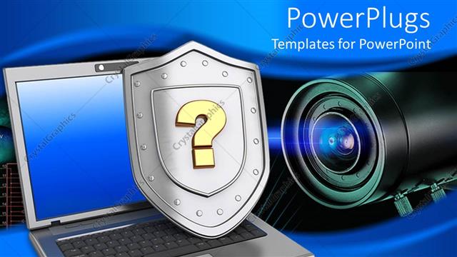  Presentation with shield - Laptop with shield having a question mark and a lens