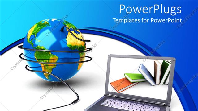  Presentation with wires - Laptop with its wires surrounding a blue  earth globe