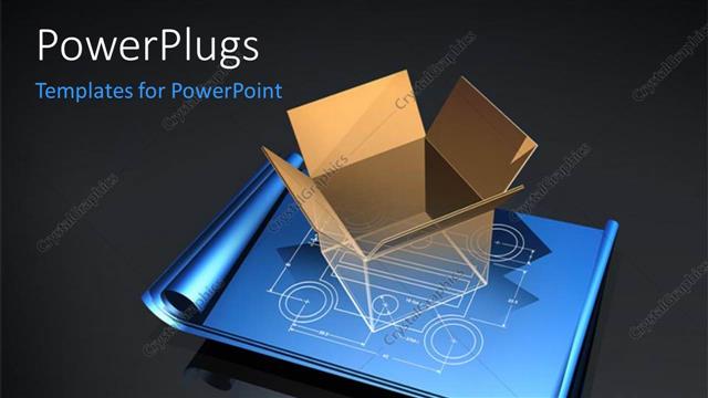  Presentation with design - Large 3D cardboard box placed on blueprint plan with grey color