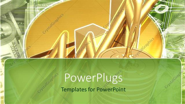  Presentation with gold investment - A large 3D human character standing on a stack of gold coins