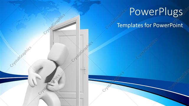 Presentation with character - A large 3D human character standing in front of a white door