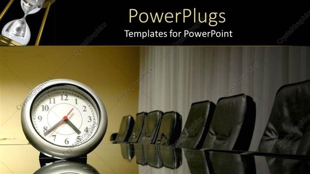  Presentation with clock - A large analogue clock on a black business conference table