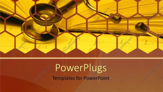  Presentation with yellow medical - A large black stethoscope on an open book and yellow background