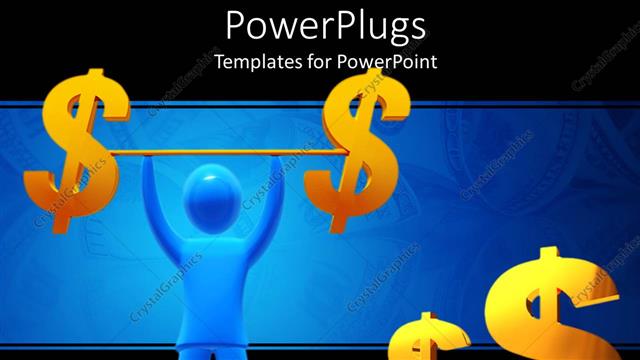  Presentation with dollar signs - A large blue colored 3D human character holding up ddollar signs in the air