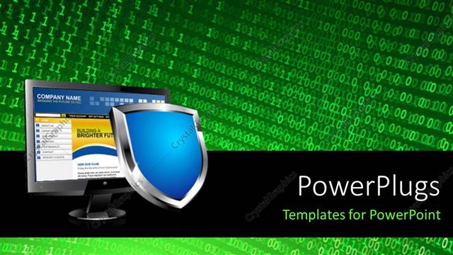  Presentation with blue shield - Large blue protective shield over computer depicting computer protection