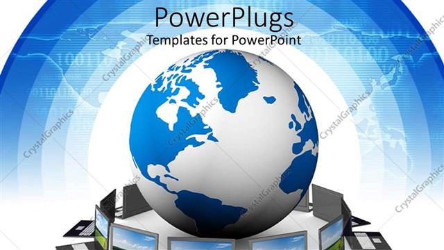  Presentation with network - Large blue and white globe with lots of laptops opened