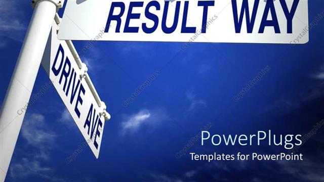  Presentation with way - Large blue and white road sign with blue sky