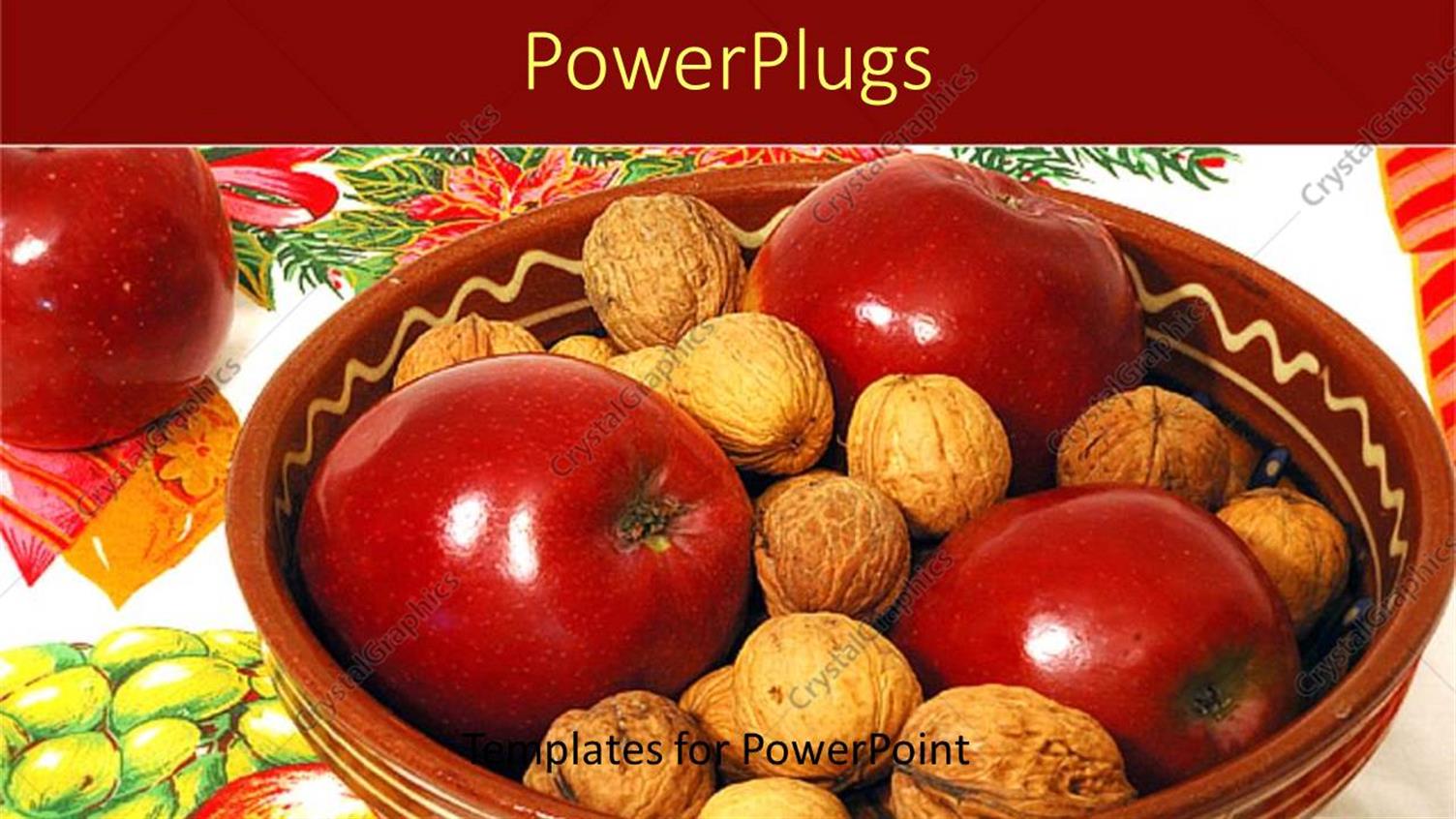 Featuring Large Brown Bowl with Three Red Apples and Nuts