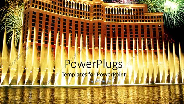  Presentation with water life - Large building like palace with fireworks and water, fountains near the pool and Bellagio hotel in Las Vegas at night with fireworks on the sky