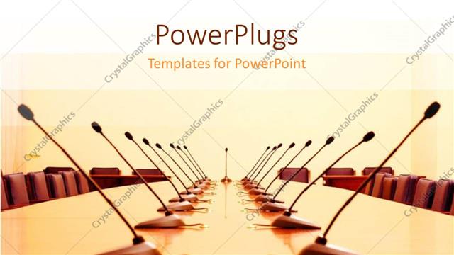  Presentation with microphones - A large conference room with many chairs and microphones