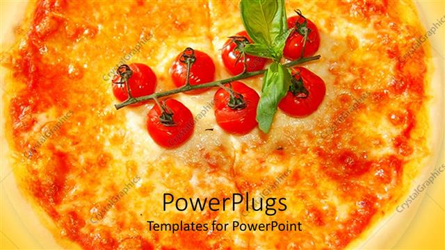  Presentation with pizza - Large gold colored pizza with cherries and a leaf in the middle