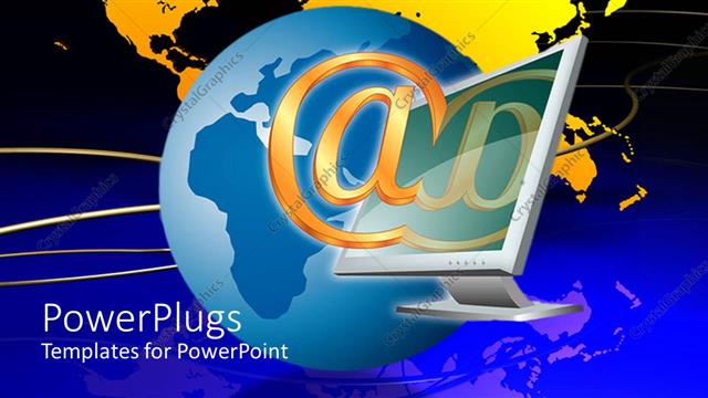  Presentation with blue gold - Large gold at sign in front of computer monitor, blue globe, and yellow world map with blue and black background