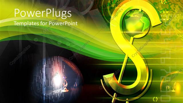  Presentation with green globe - A large green dollar sign with a shinning black colored globe