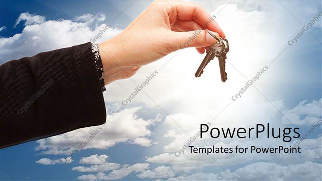  Presentation with light blue - Large hand holding keys with a clear blue sky background and shinning light