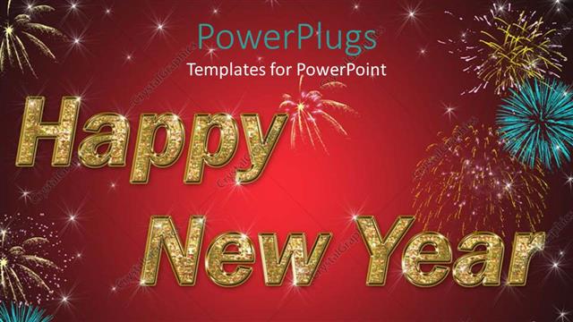  Presentation with fireworks - Large happy new year text with fireworks and red background