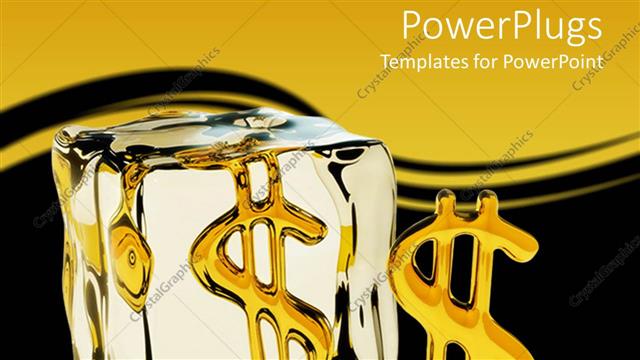  Presentation with dollar signs - Large ice cube with two gold shinning dollar signs