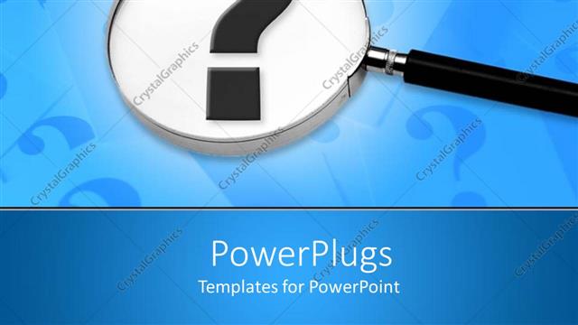  Presentation with paper - Large magnifying glass on big black question mark with black question marks on paper on blue background