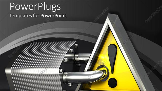  Presentation with security alert - Large metal padlock jammed through a yellow attention sign