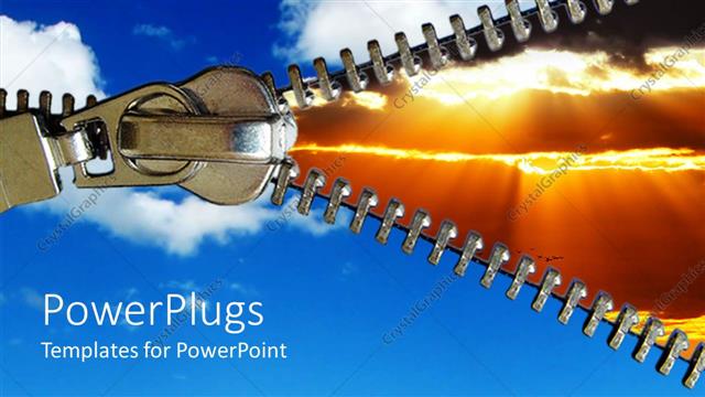  Presentation with bright - Large metal zipper opening to display sunset on orange background with bright sky