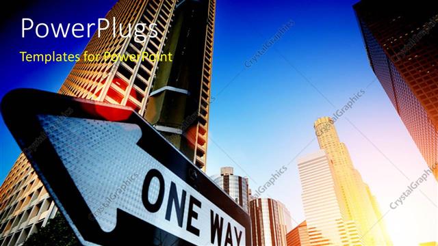  Presentation with city buildings - Large One Way sign in front of city buildings