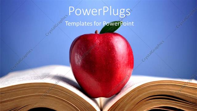  Presentation with apple - Large red apple placed in open book over blue background
