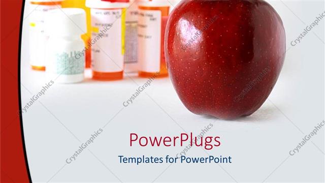  Presentation with red medical - A large red colored apple with bottles behind it