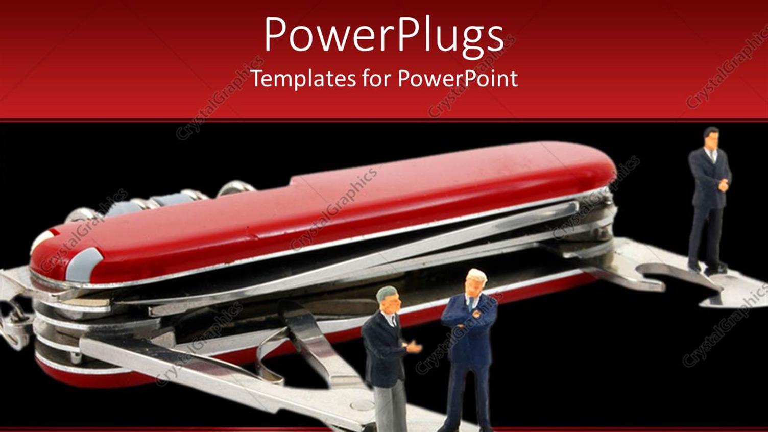 Featuring large Red Utility  knife with Three People Standing on its Blades