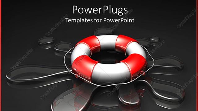  Presentation with rescue - Large red and white life preserver on splash of clear water and dark background