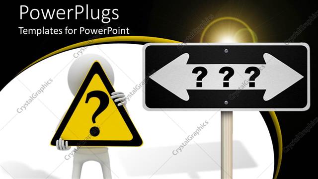 Presentation with question marks - Large road signpost with three question marks and a human character