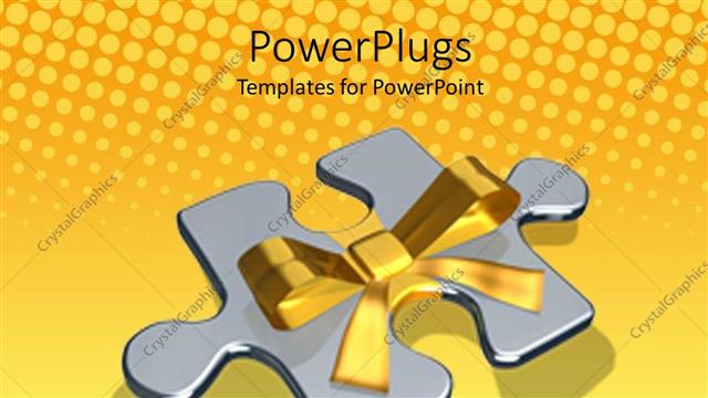  Presentation with gift - A large silver colored puzzle piece with a gold wrap
