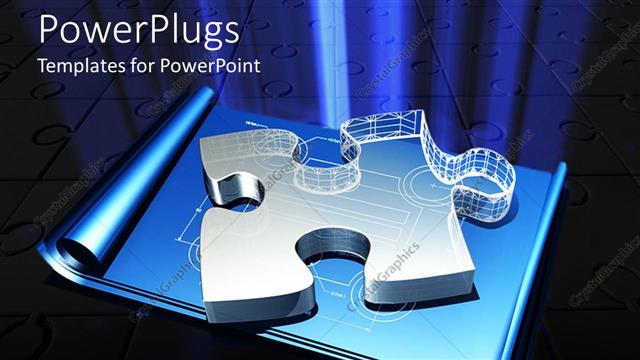 Presentation with jigsaw - Large three dimensional glass jigsaw puzzle piece on blueprints