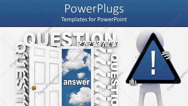  Presentation with character - A large white colored door with lots of texts and a white human character holding up an exclamation mark