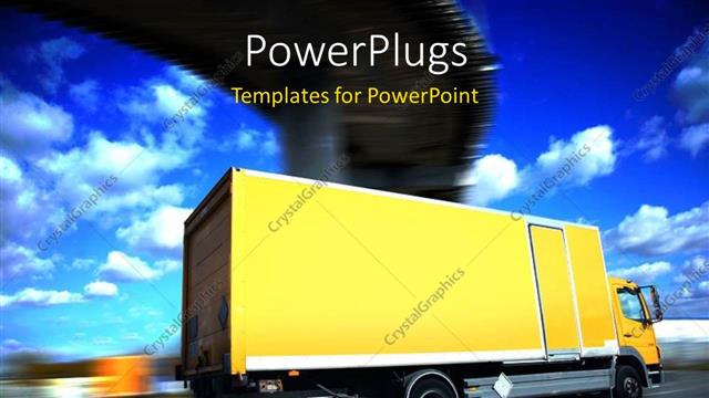  Presentation with supply chain - A large yellow colored truck moving fast on a plain road