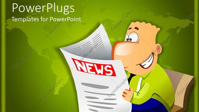  Presentation with news - Laughing businessman sitting on bench reading newspaper on green background