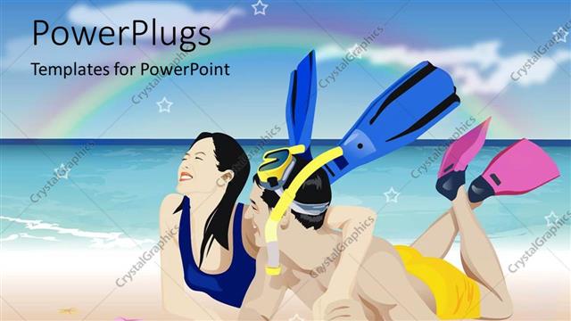  Presentation with beach rainbow - Laughing couple wearing snorkeling gear on beach with rainbow background
