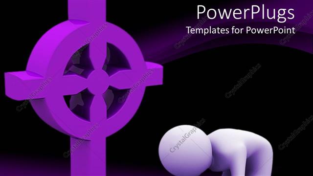  Presentation with lavender - Lavender figure kneels in prayer next to three dimensional religious symbol