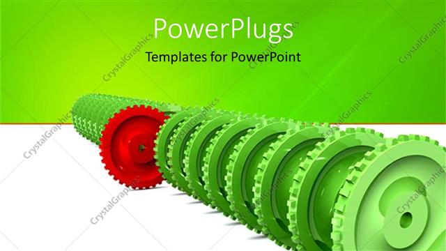  Presentation with gear - Leadership metaphor with red gear in front of row of green gears