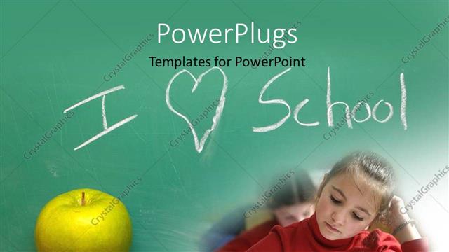  Presentation with school apple - Learning depiction with girl in classroom, green apple on book and chalkboard