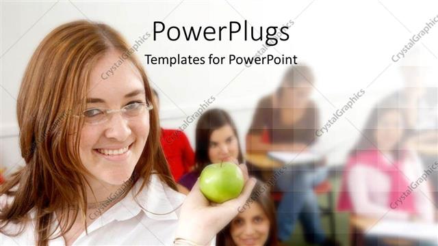  Presentation with apple - Learning depiction with students in classroom and teacher holding green apple