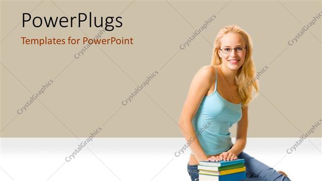  Presentation with student - Learning depiction with young lady leaning against colored book pile