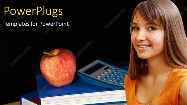  Presentation with calculator - Learning depiction of young student  with calculator and apple on book pile