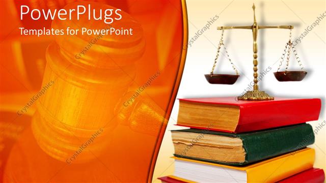  Presentation with legal - Legal theme with scales of justice atop of legal books with red, yellow and green cover books