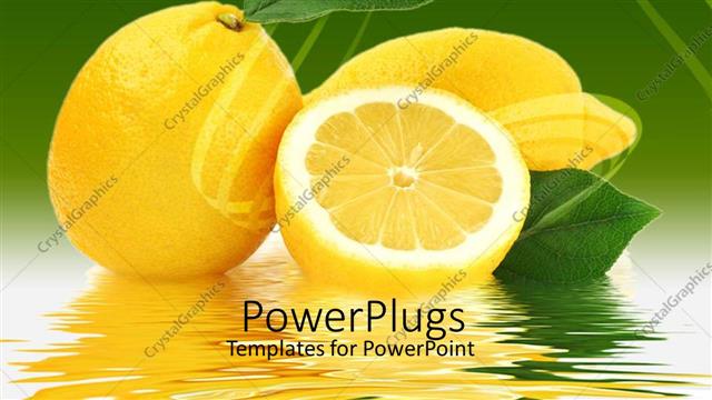  Presentation with lemon - Lemons with leaves with water reflection on green background