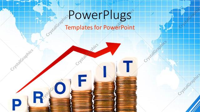  Presentation with profit loss - Letter Dice Spelling Profit and Loss atop Penny Stacks with world map