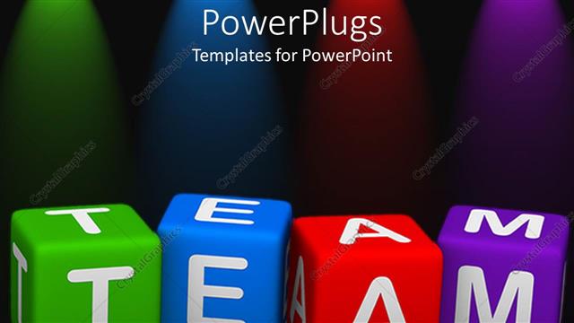  Presentation with purple green - Lettered dice spell team in green, blue, red, and purple