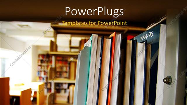  Presentation with journal - Library with books and journal arranged on wooden shelve