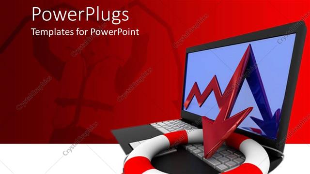  Presentation with crisis - Life preserver on open laptop showing downward pointing red arrow