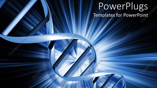  Presentation with light blue dna - Light blue DNA strand on abstract blue background with glowing rays