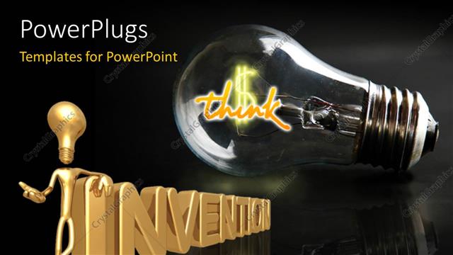  Presentation with invention - Light bulb with 3D gold man leaning on word INVENTION