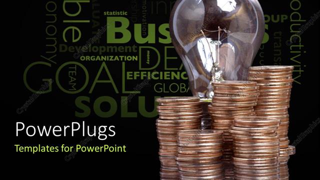  Presentation with economic - Light bulb with stack of bronze coins and economic terms on black surface